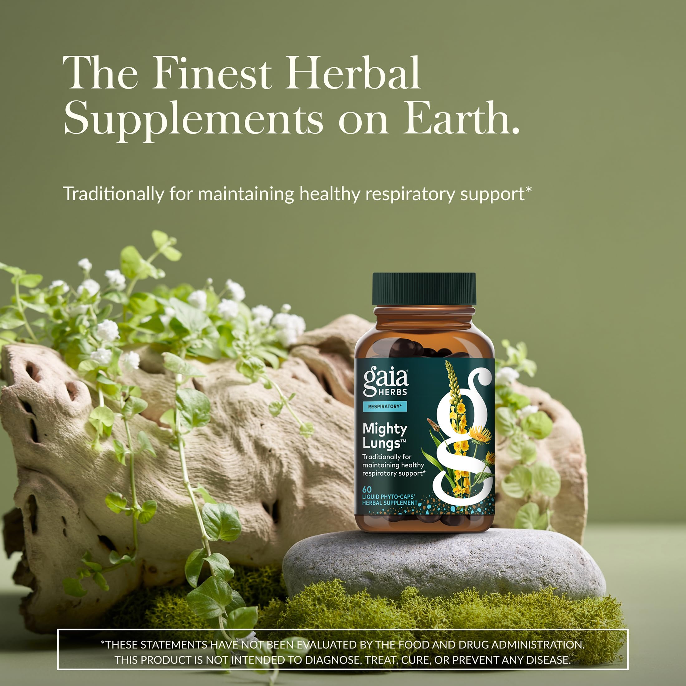 Close-up of Mighty Lungs label highlighting holy basil CO2 extract.