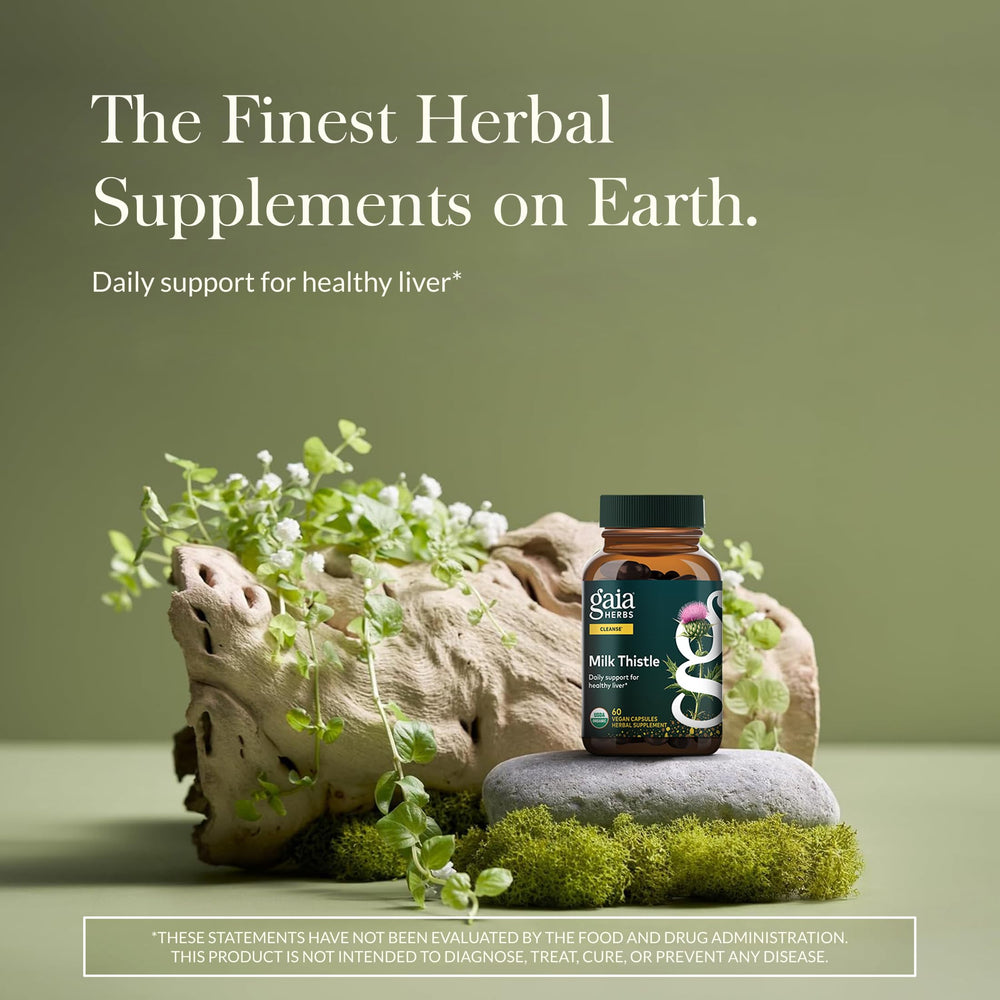 Gaia Herbs Milk Thistle bottle closeup with capsules ready for daily use