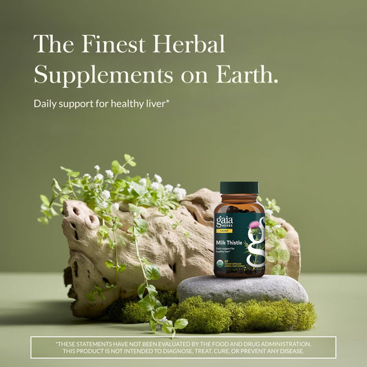Gaia Herbs Milk Thistle bottle closeup with capsules ready for daily use