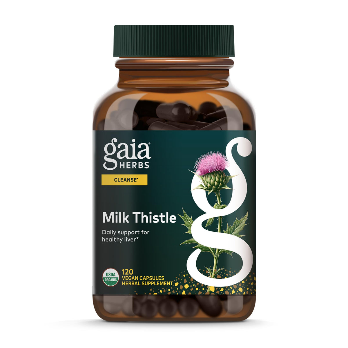 Gaia Herbs Milk Thistle bottle label close-up, highlighting full-spectrum extract for daily liver support.