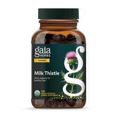 Gaia Herbs Milk Thistle bottle label close-up, highlighting full-spectrum extract for daily liver support.