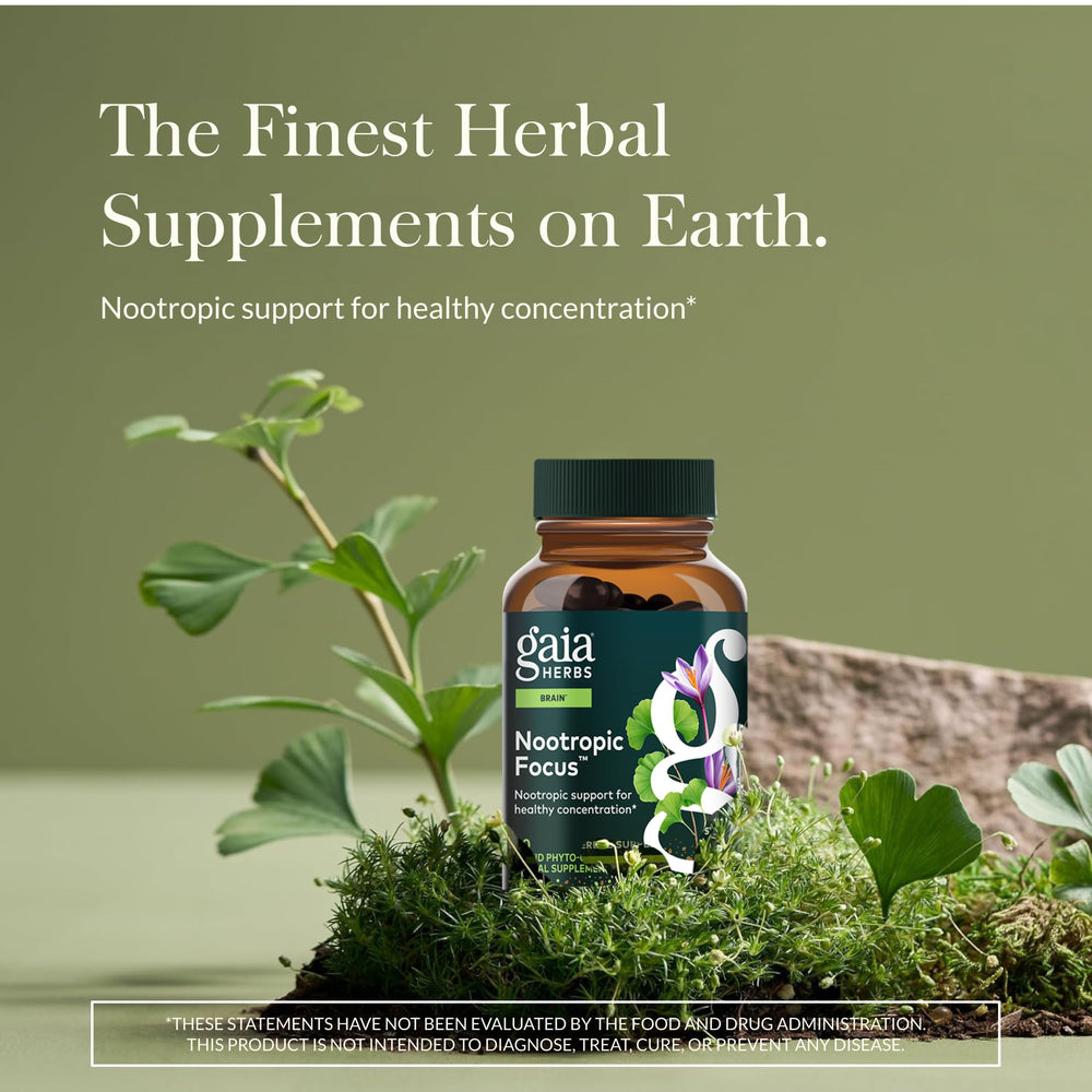Gaia Herbs Nootropic Focus bottle back with ingredient notes and quality commitment