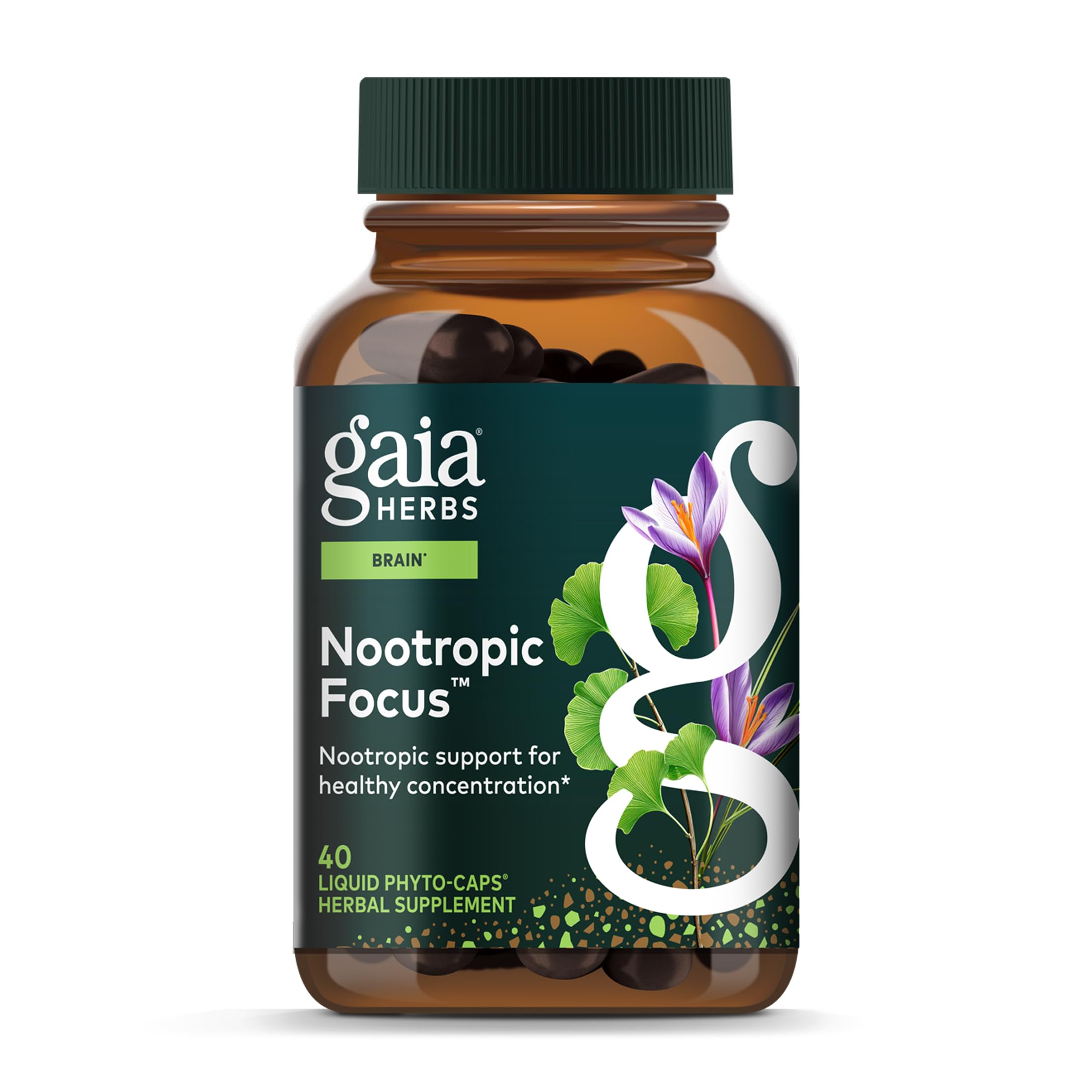Gaia Herbs Nootropic Focus bottle front view showing saffron and lemon balm blend for daily focus