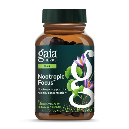 Gaia Herbs Nootropic Focus bottle front view showing saffron and lemon balm blend for daily focus