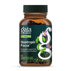 Gaia Herbs Nootropic Focus bottle front view showing saffron and lemon balm blend for daily focus