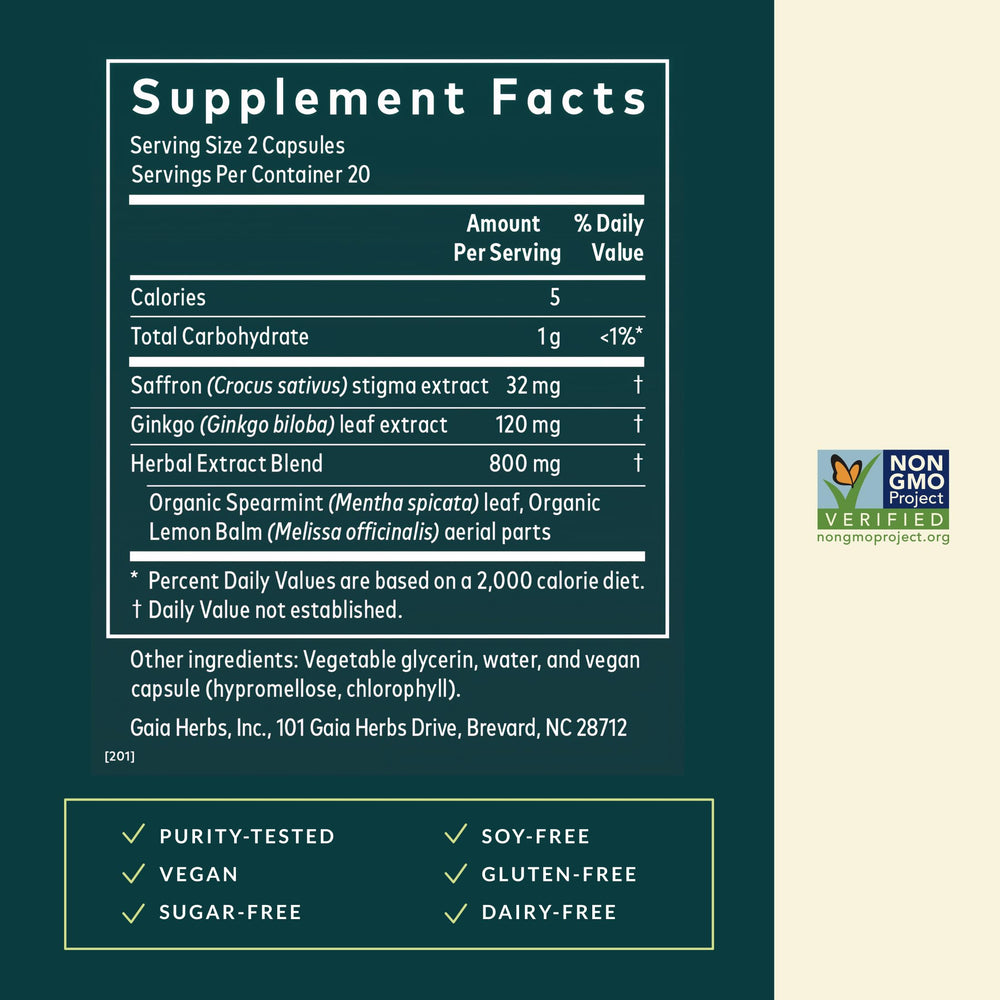Gaia Herbs Nootropic Focus capsules closeup showing soft gel capsules for daily use