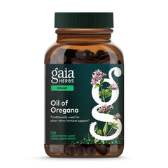 Gaia Herbs Oil of Oregano bottle with pour highlights convenient daily immune support
