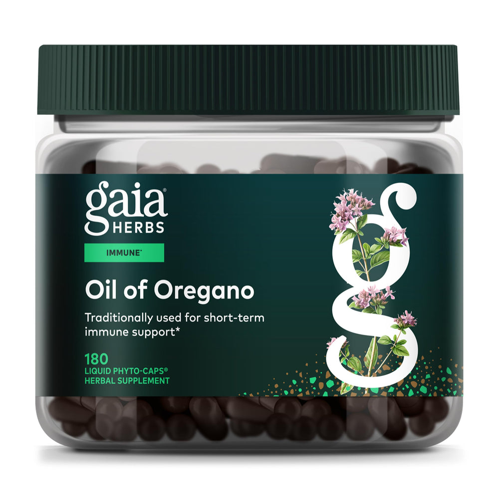 Gaia Herbs Oil of Oregano bottle showing premium oregano oil for potential immune support