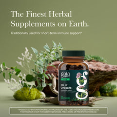 Gaia Herbs Oil of Oregano capsules close-up shows vegan capsules for easy wellness