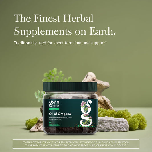 Gaia Herbs Oil of Oregano capsules offering convenient vegan immune and antioxidant support
