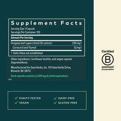 Gaia Herbs Oil of Oregano label detail highlights premium Mediterranean oregano sourcing