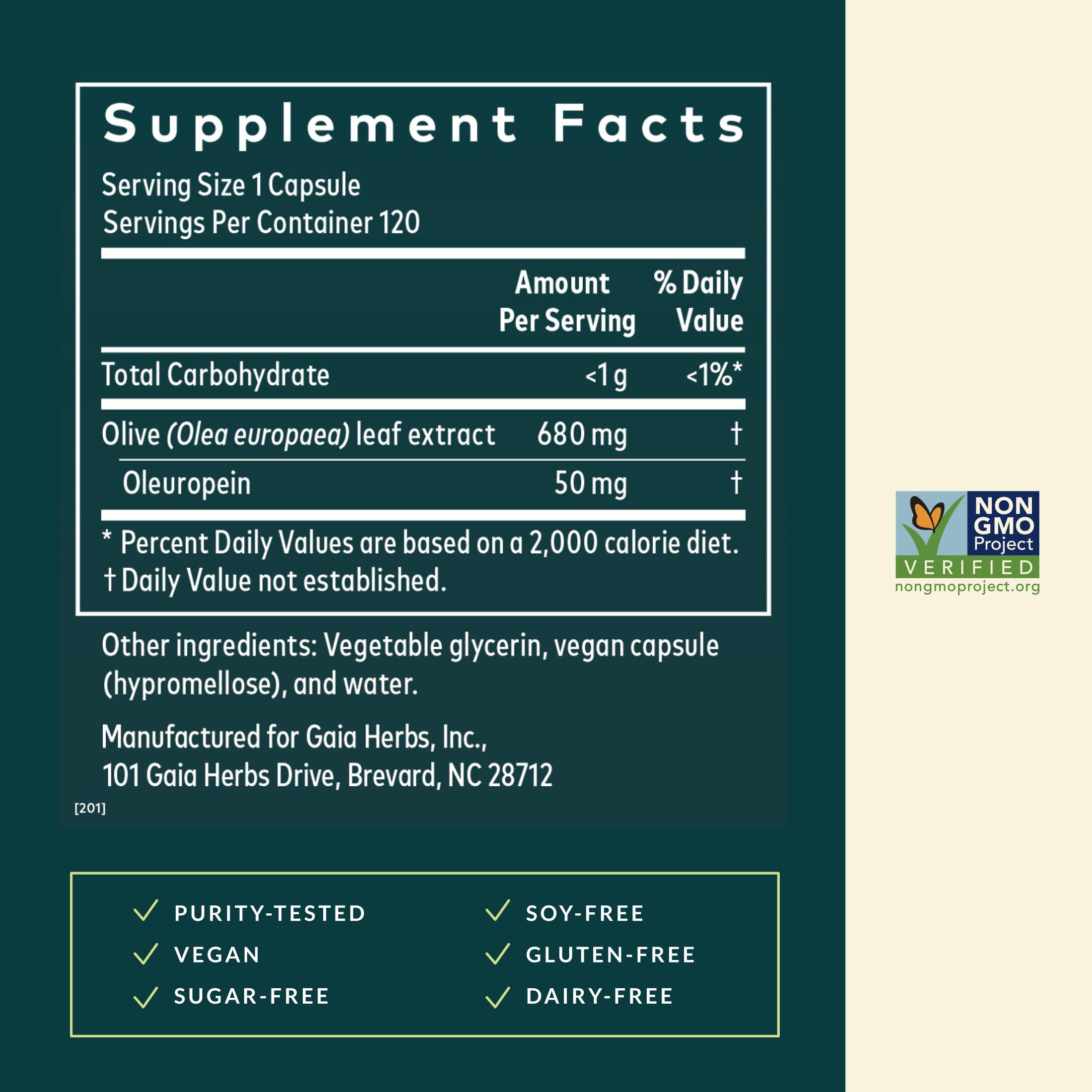 Gaia Herbs Olive Leaf capsules closeup emphasizes convenient, seasonally friendly wellness.