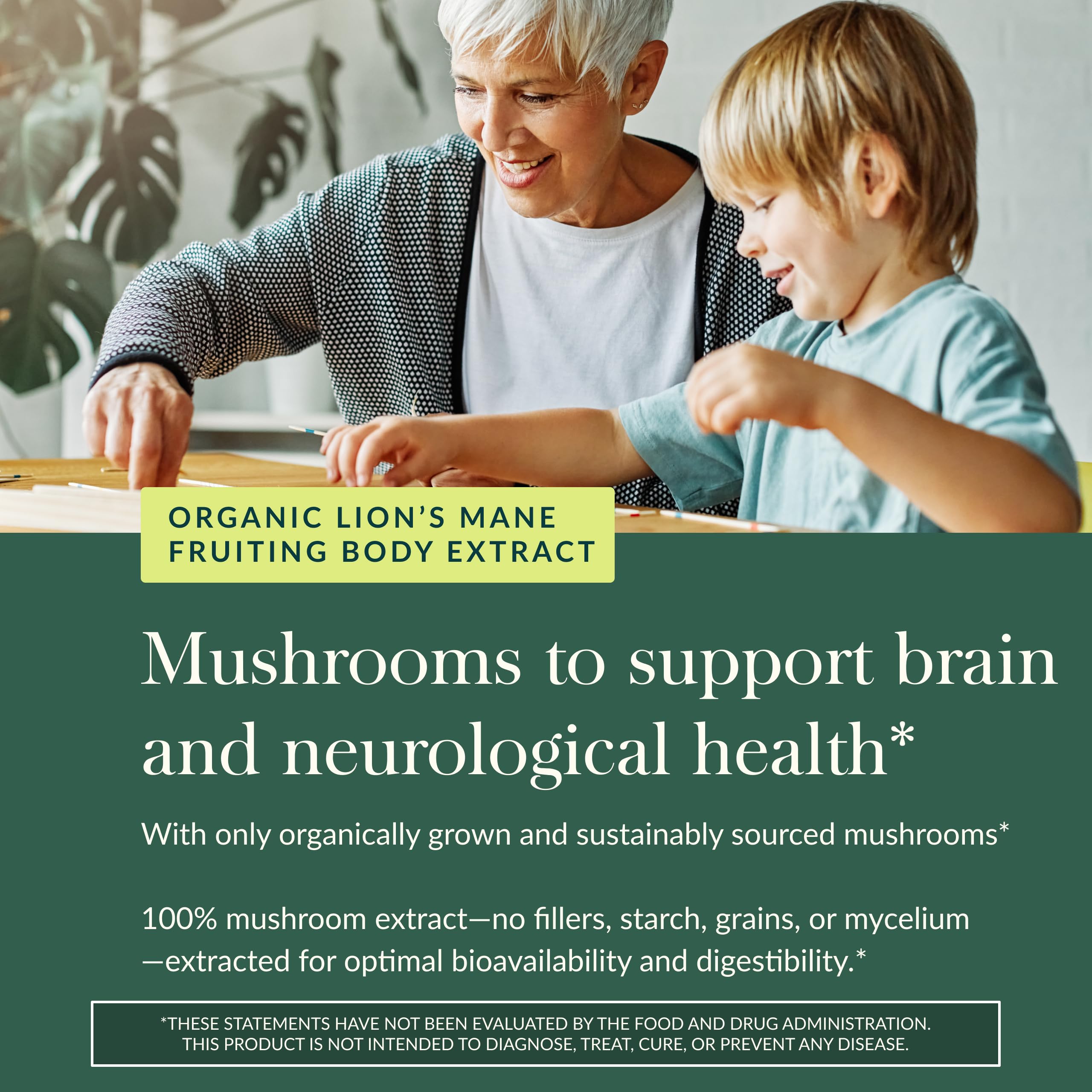 Gaia Herbs Lions Mane Gummies organic fruiting body extract illustration suggests potency.