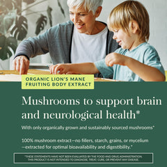 Gaia Herbs Lions Mane Gummies organic fruiting body extract illustration suggests potency.