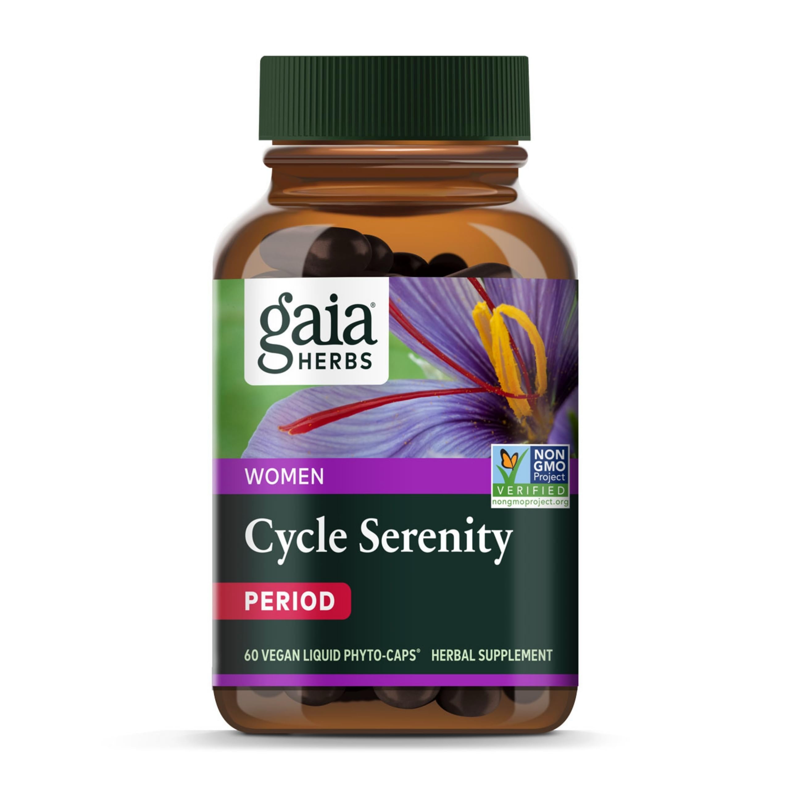 Gaia Herbs Period Cycle Serenity bottle shown for cycle mood support