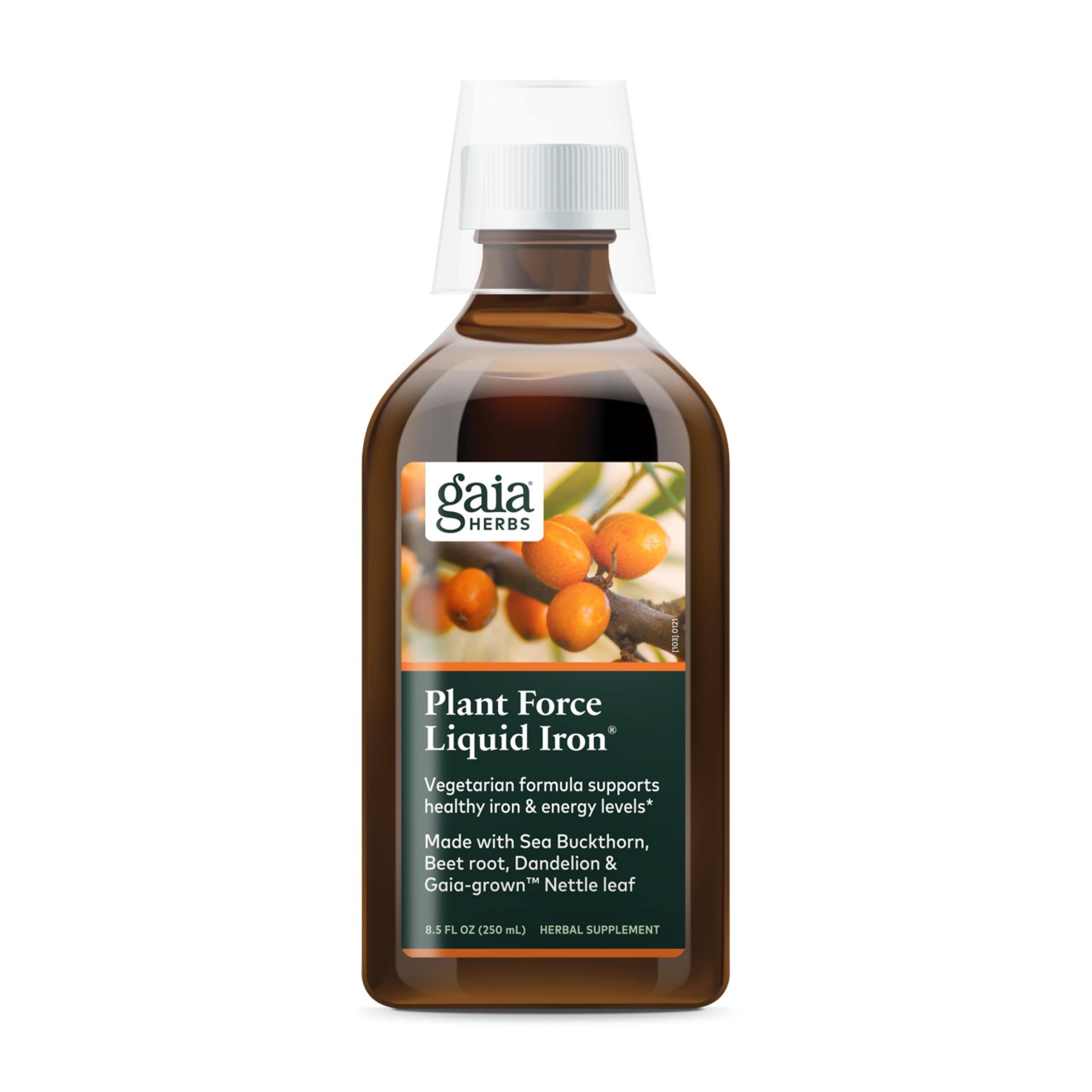 Gaia Herbs Plant Force Liquid Iron bottle front for natural iron support