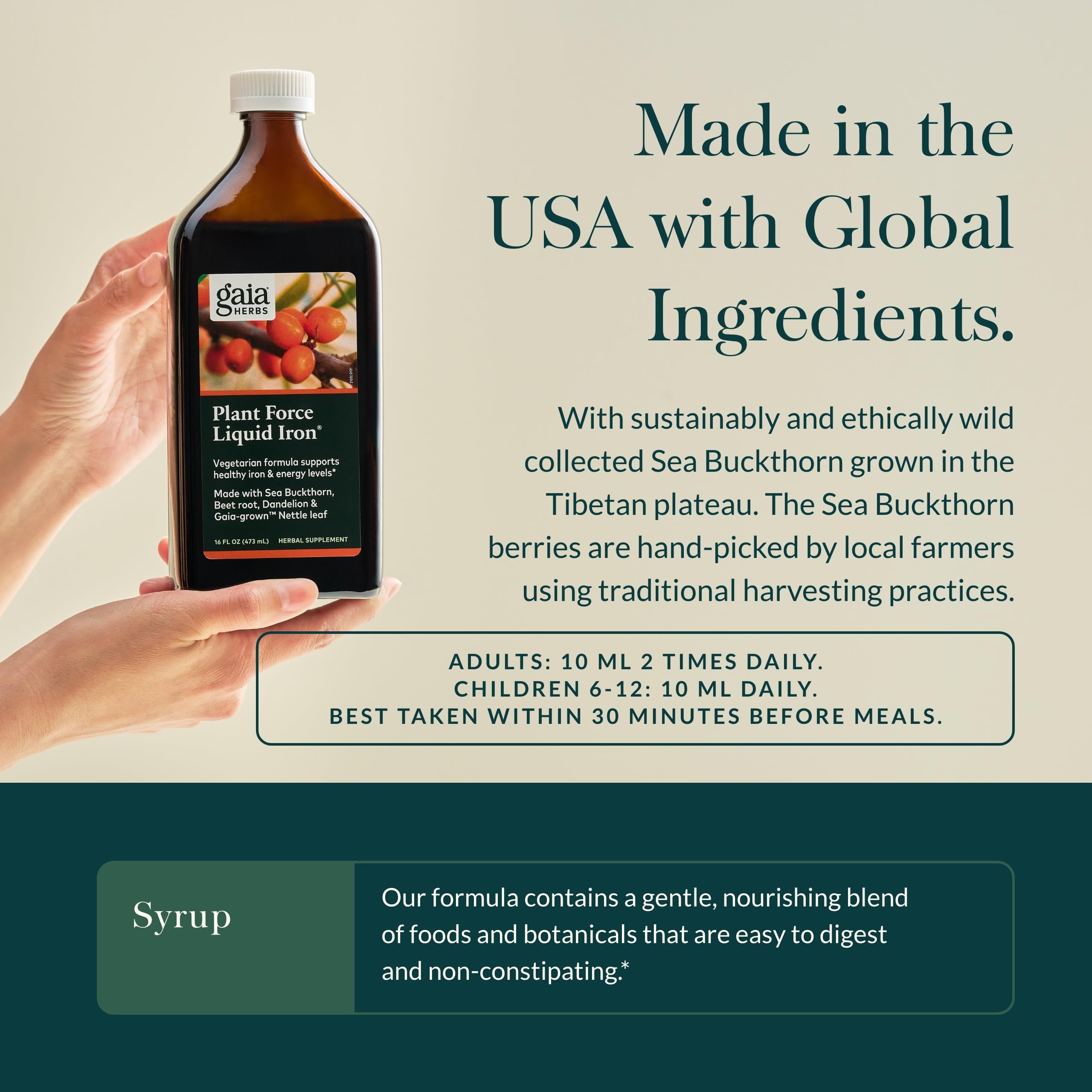 Sea buckthorn glow behind Gaia Herbs Plant Force Liquid Iron highlights antioxidant-rich blend