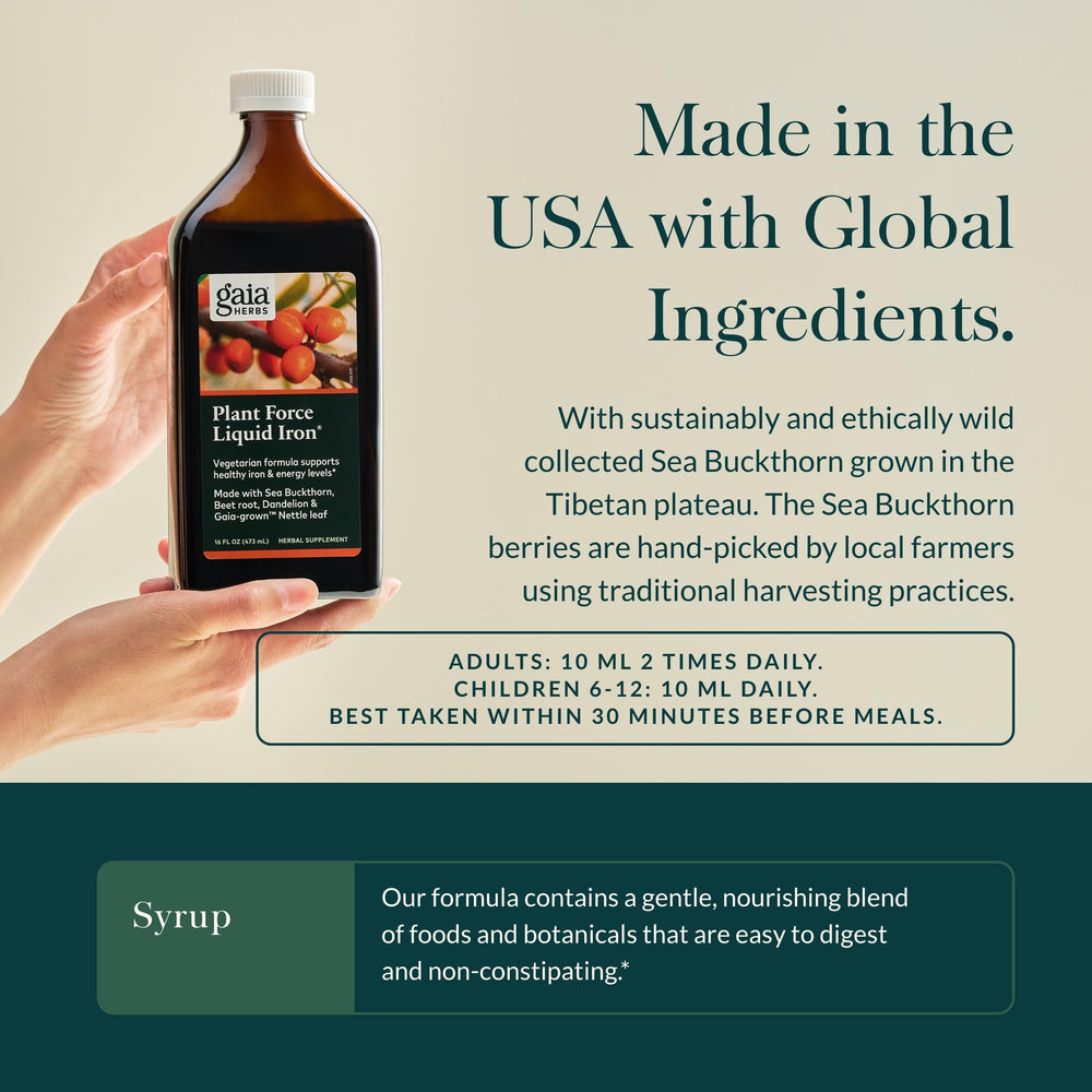 Sea buckthorn glow behind Gaia Herbs Plant Force Liquid Iron highlights antioxidant-rich blend