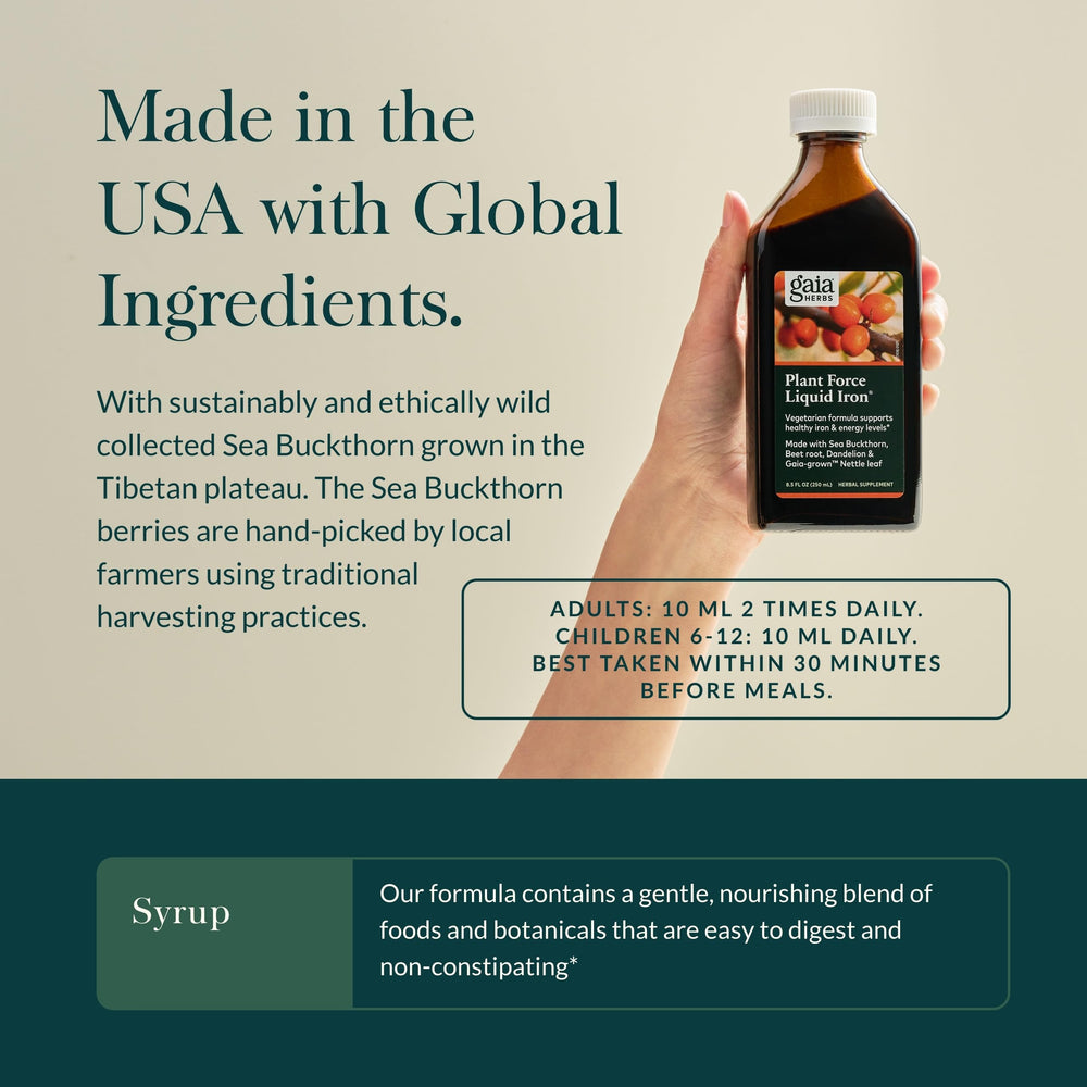 Gaia Herbs Plant Force Liquid Iron label closeup with natural ingredients