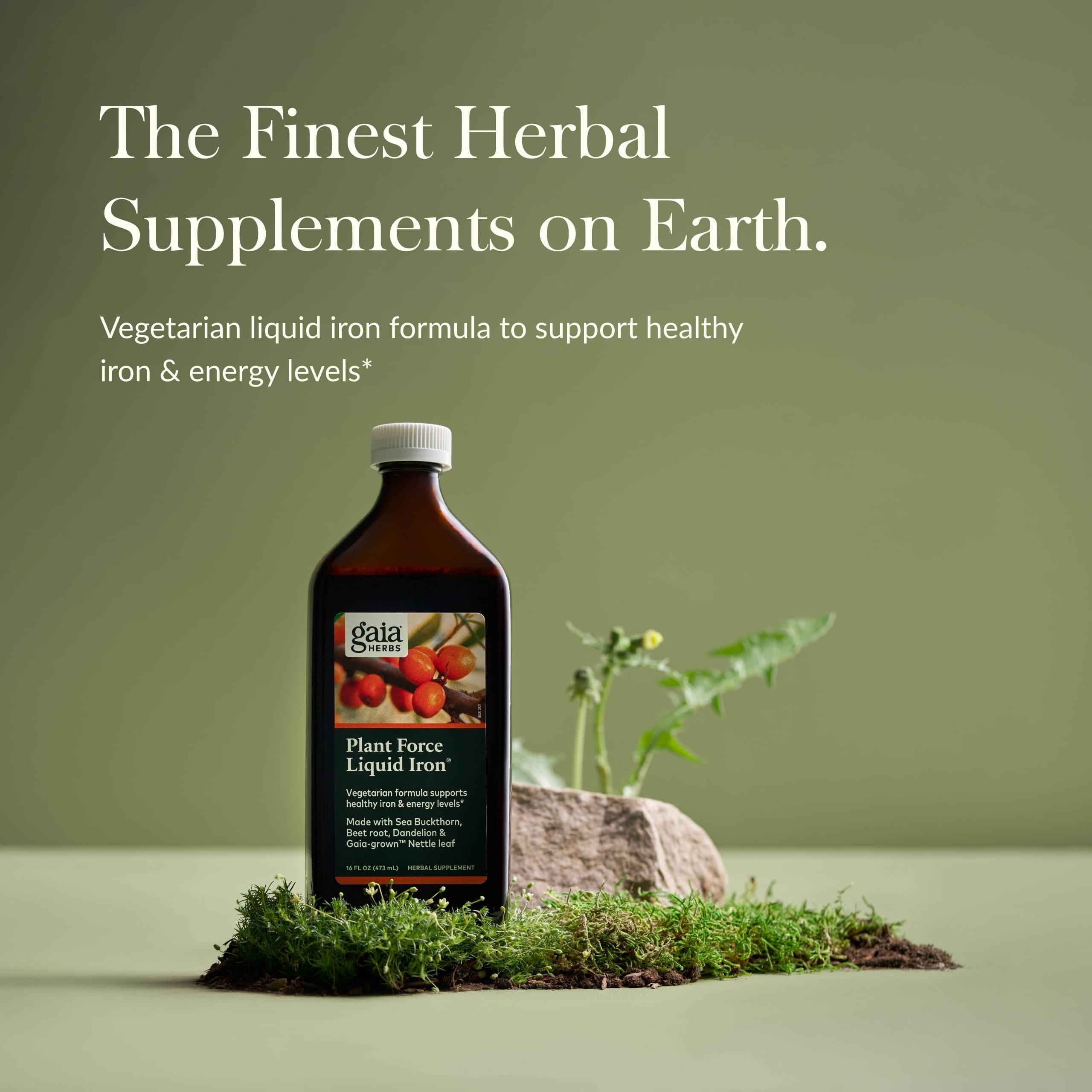 Pouring Gaia Herbs Plant Force Liquid Iron to show easy daily dosing