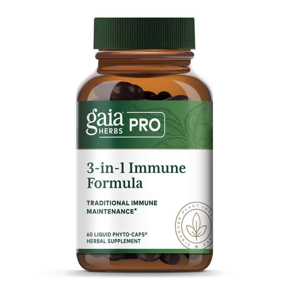 Gaia Herbs PRO 3-in-1 Immune Formula bottle front promotes daily immune support