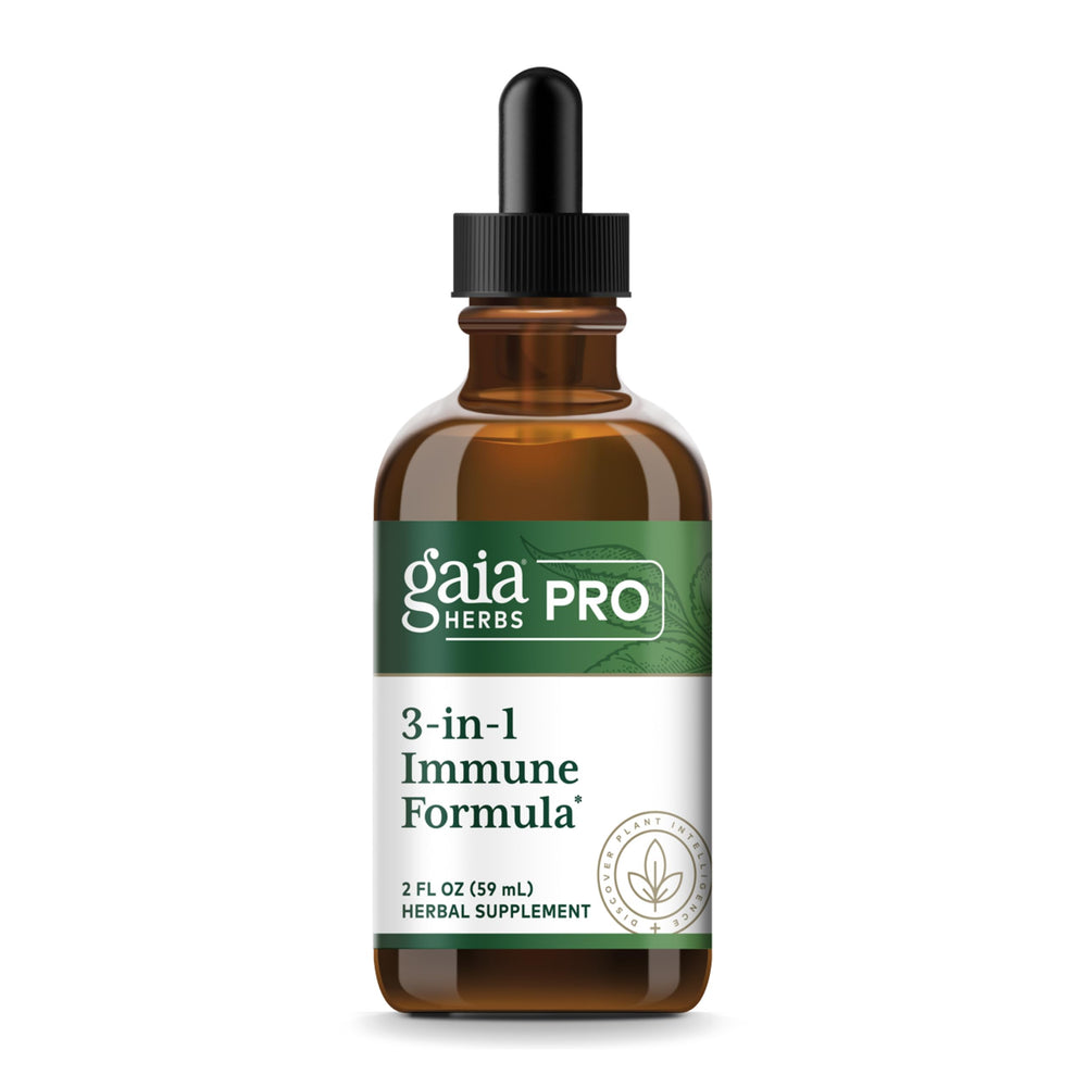 Gaia Herbs PRO 3-in-1 Immune Formula bottle supports daily resilience with astragalus and schisandra.