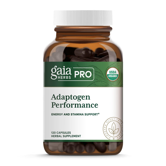 GAIA Herbs PRO Adaptogen Performance bottle showing the product for energy and endurance.