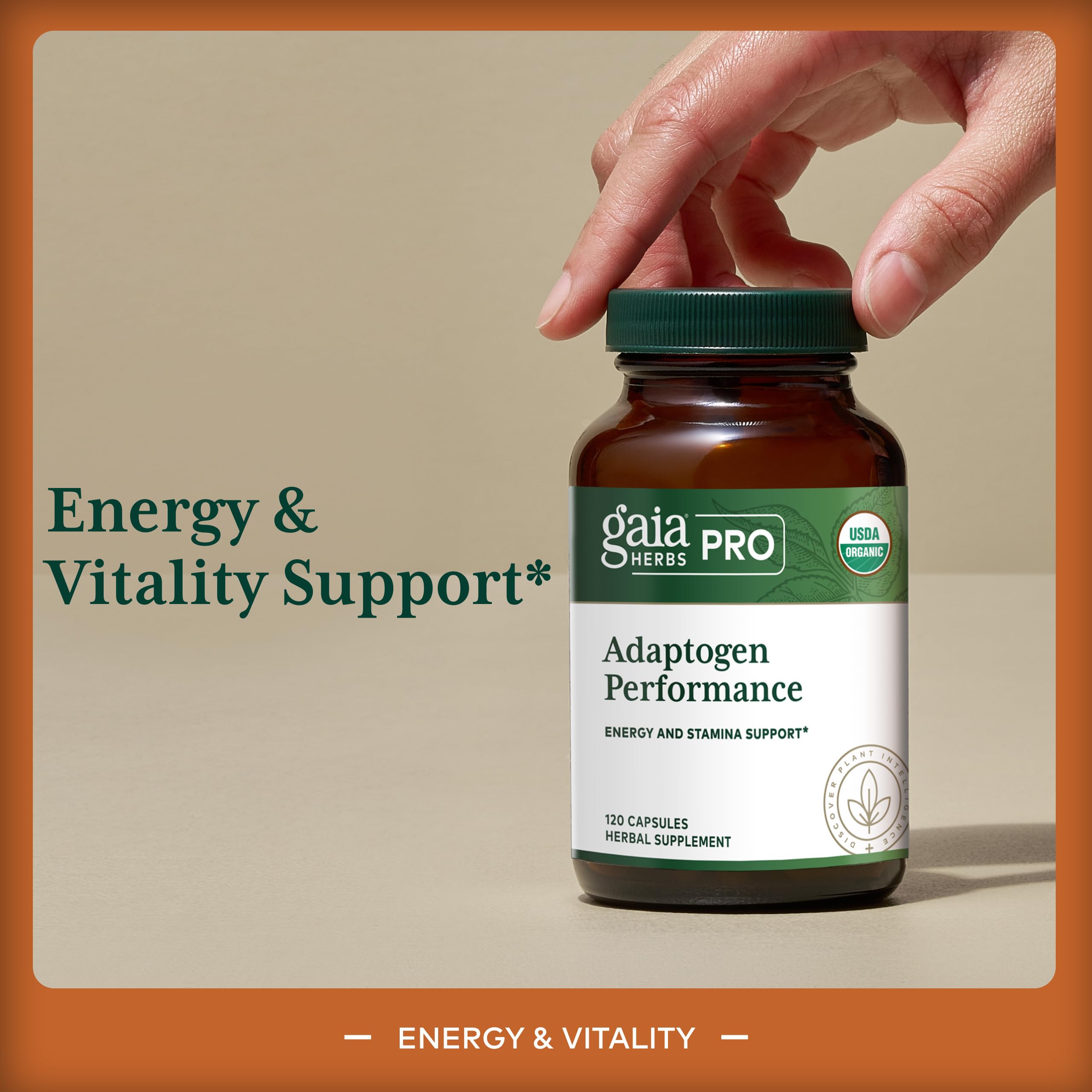 GAIA Herbs PRO Adaptogen Performance label closeup highlighting energy-support ingredients.