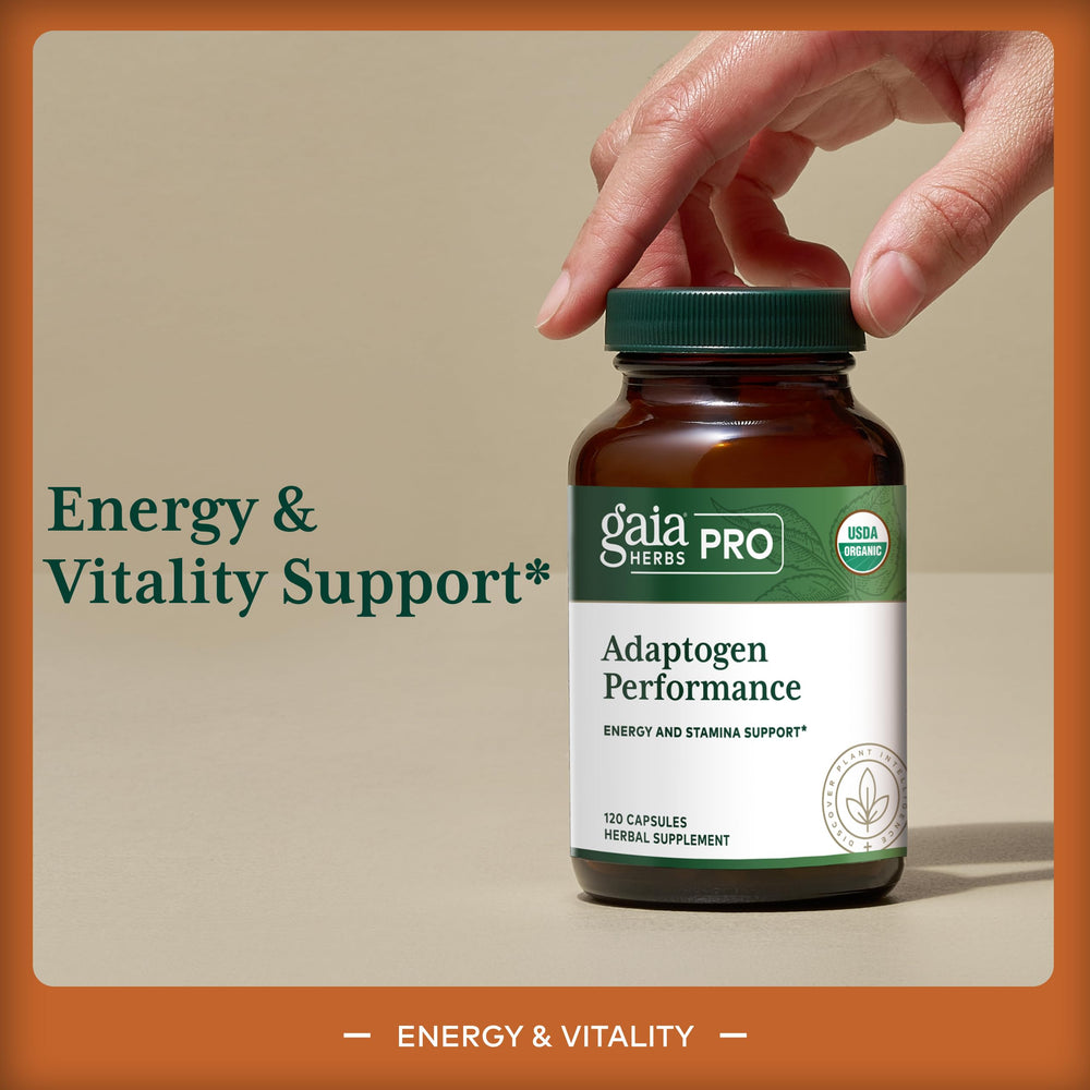 GAIA Herbs PRO Adaptogen Performance label closeup highlighting energy-support ingredients.