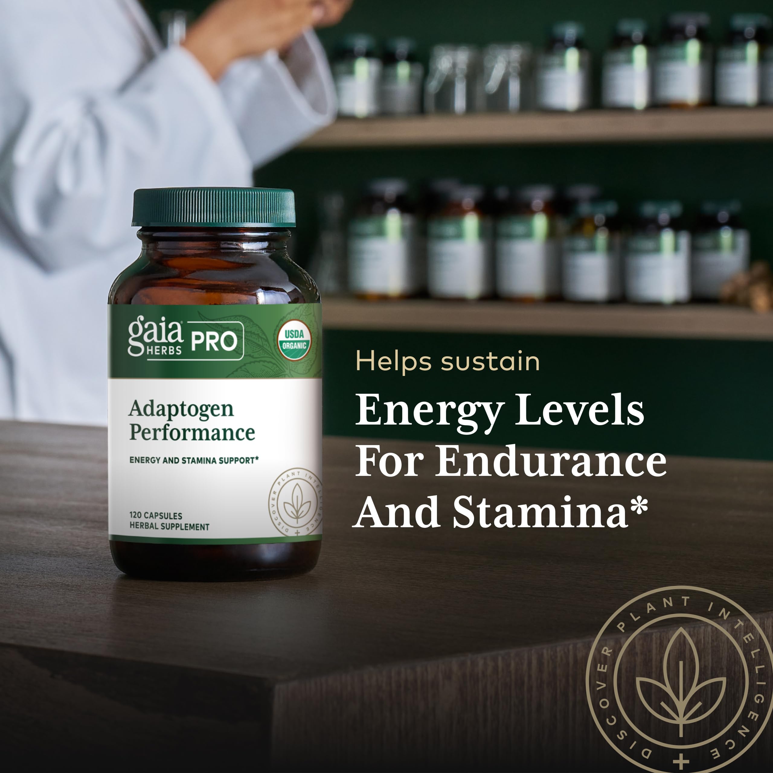 GAIA Herbs PRO Adaptogen Performance packaging highlighting regenerative farming roots.