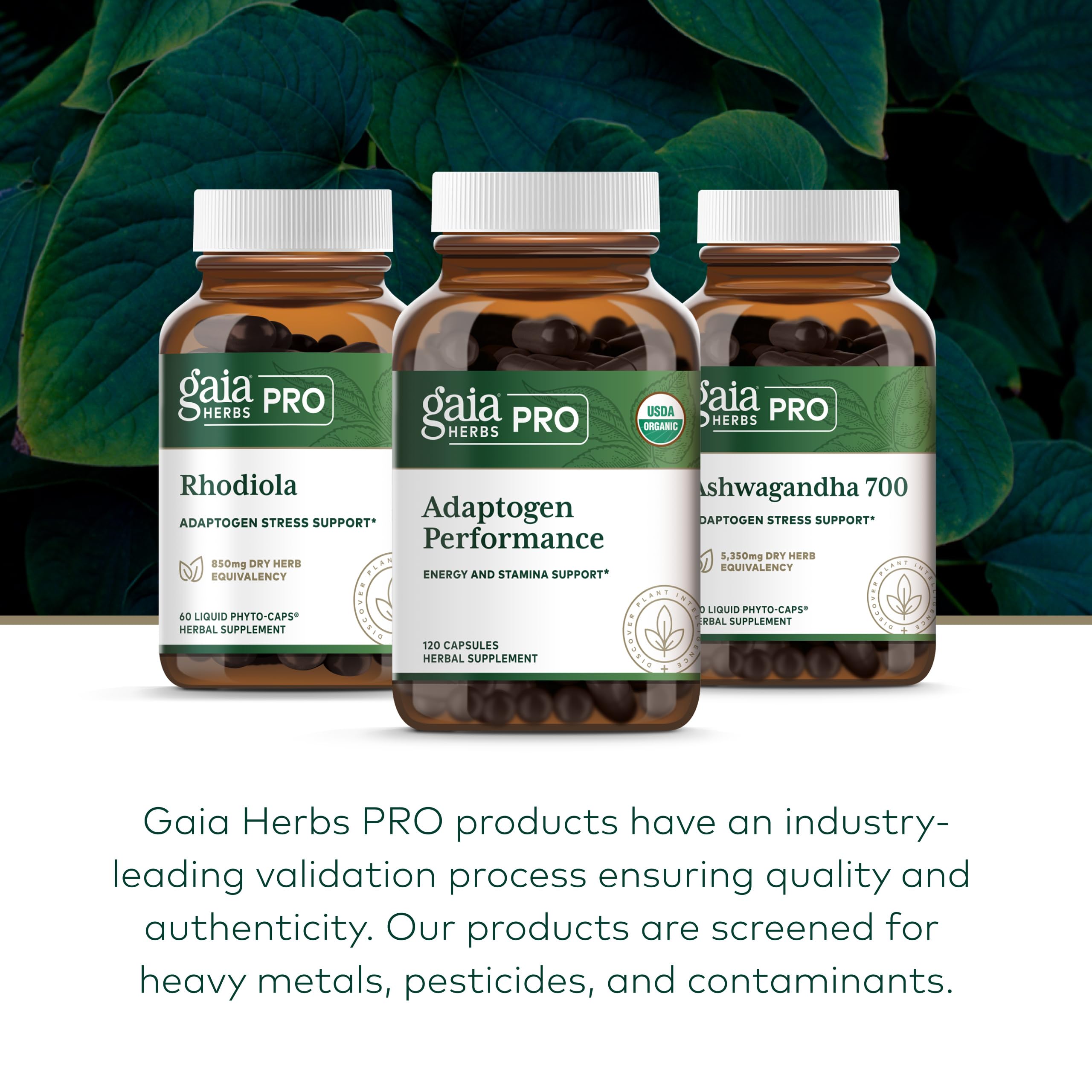 GAIA Herbs PRO Adaptogen Performance pouring capsules illustrating convenient dosing.
