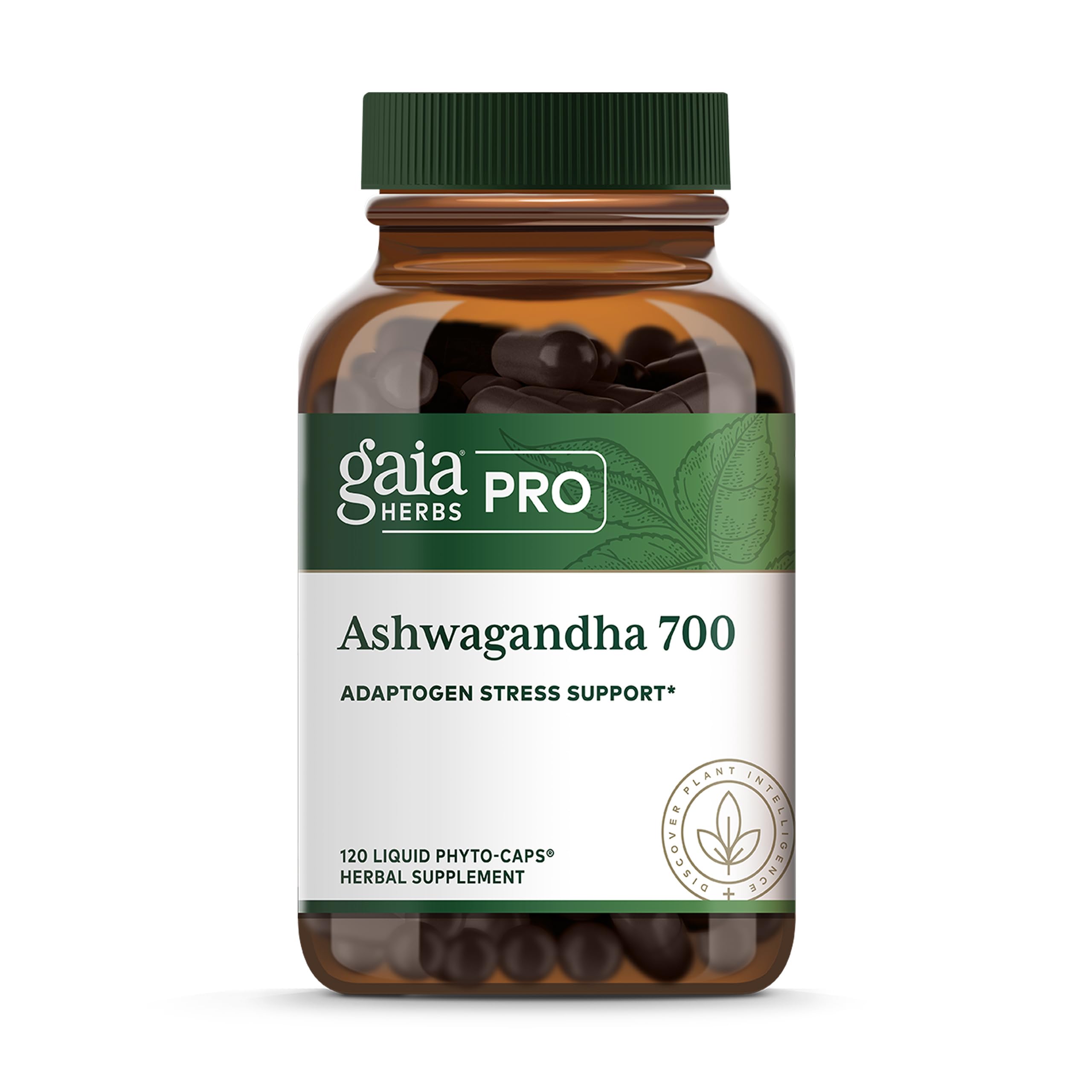 Gaia Herbs PRO Ashwagandha 700 bottle front supports calm evenings and steady daytime energy.