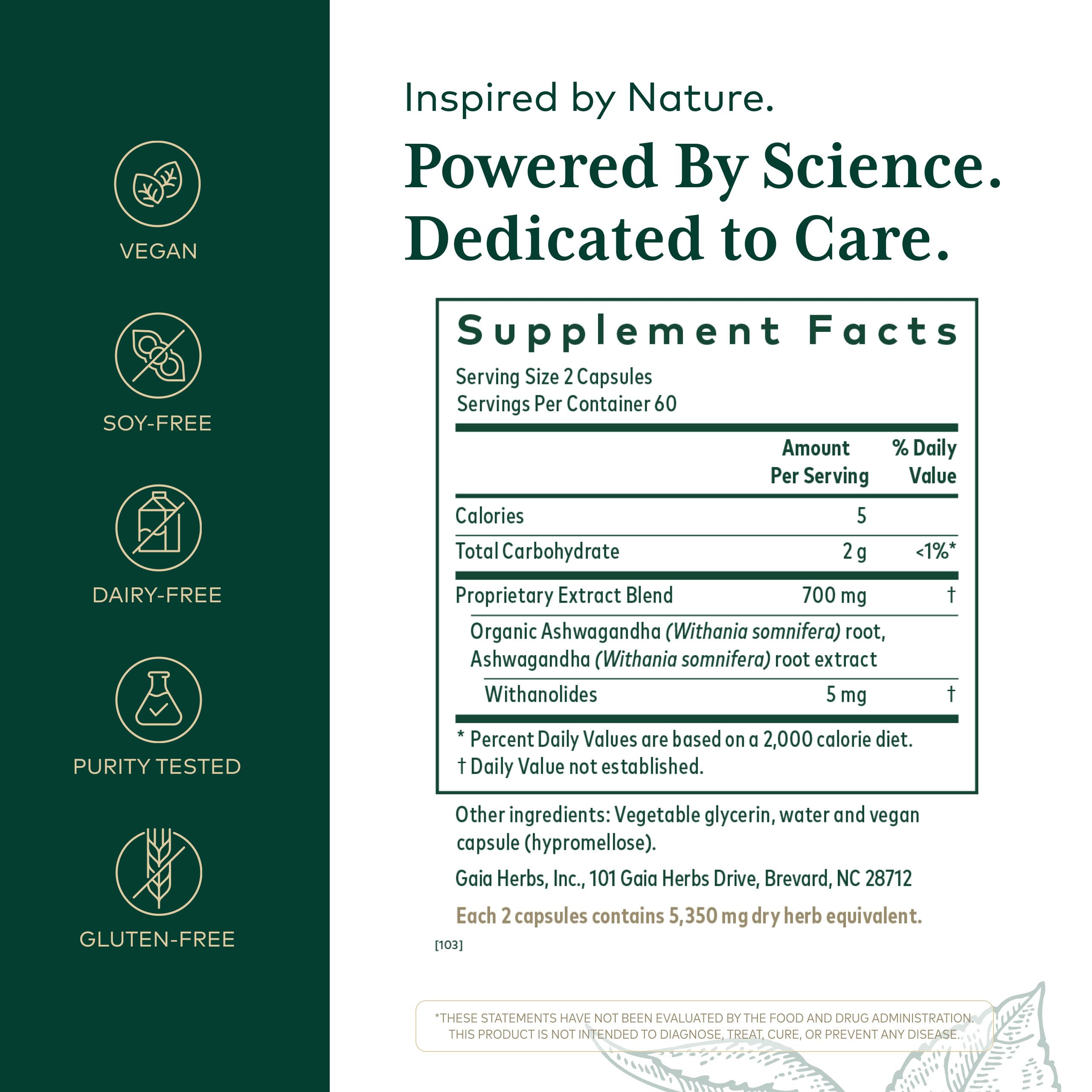 Gaia Herbs PRO Ashwagandha 700 capsules close-up shows 700 mg extract per serving.