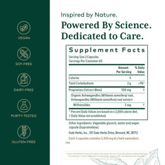 Gaia Herbs PRO Ashwagandha 700 capsules close-up shows 700 mg extract per serving.