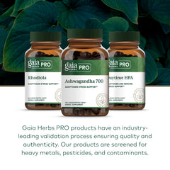 Gaia Herbs PRO Ashwagandha 700 packaging recycled materials signals eco-friendly packaging.