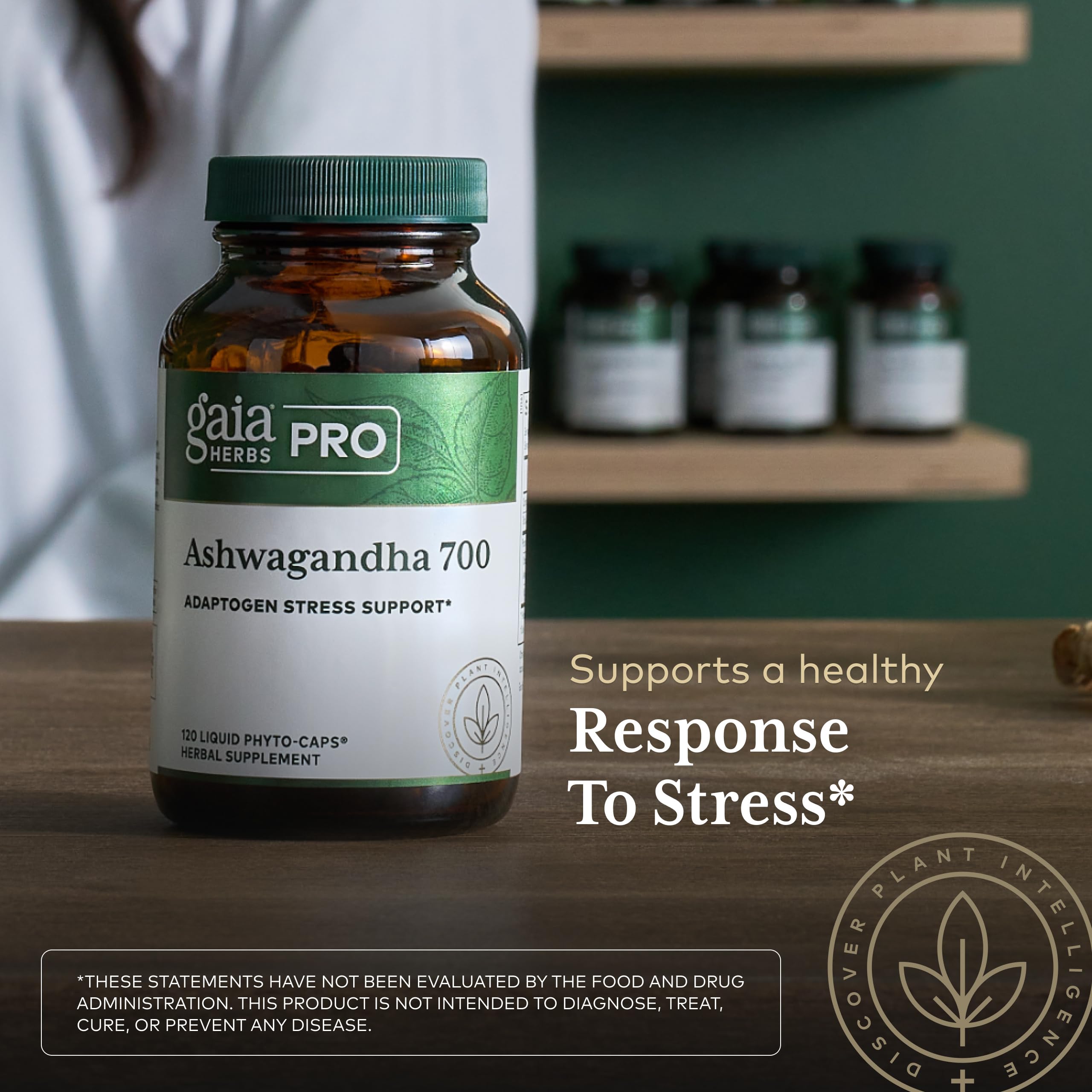 Gaia Herbs PRO Ashwagandha 700 vegan gluten-free soy-free label communicates clean diet compatibility.