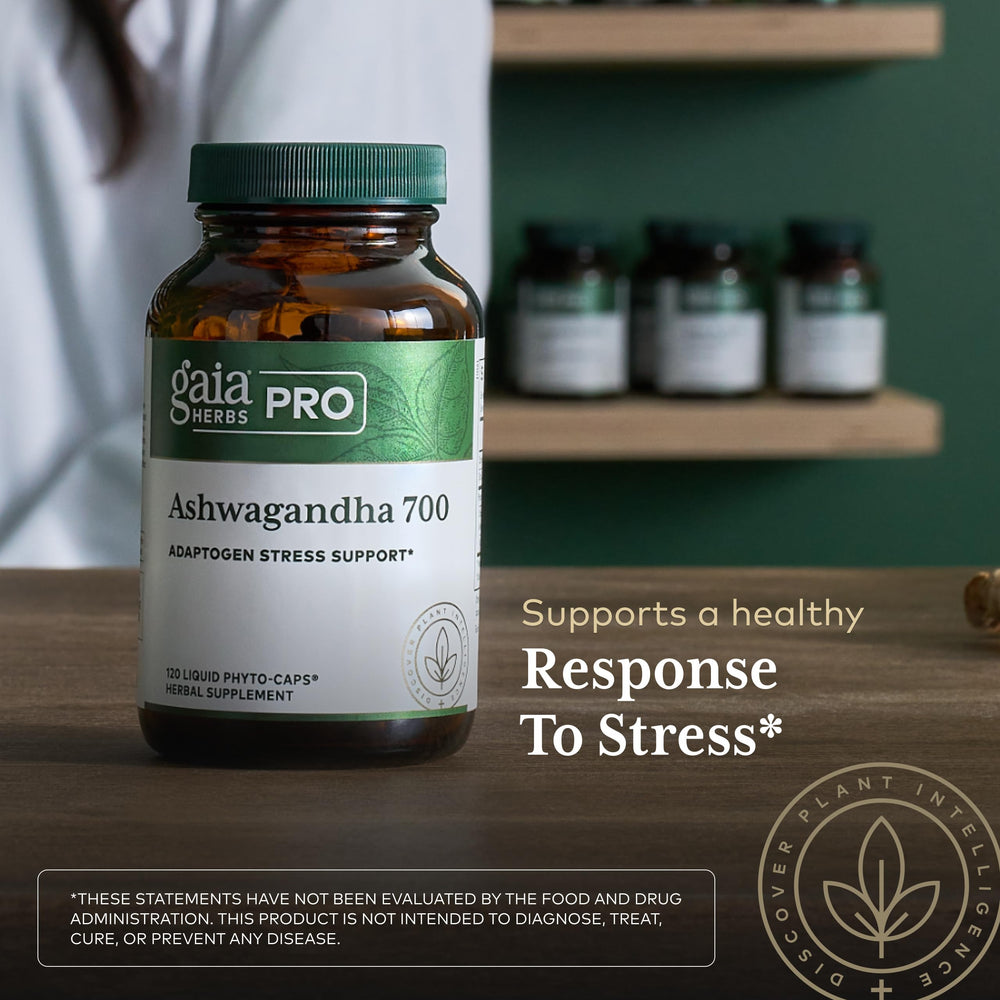 Gaia Herbs PRO Ashwagandha 700 vegan gluten-free soy-free label communicates clean diet compatibility.