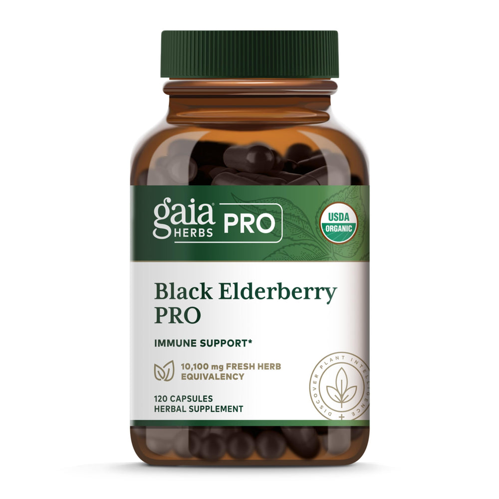 Gaia Herbs PRO Black Elderberry PRO bottle and label for daily immune support.