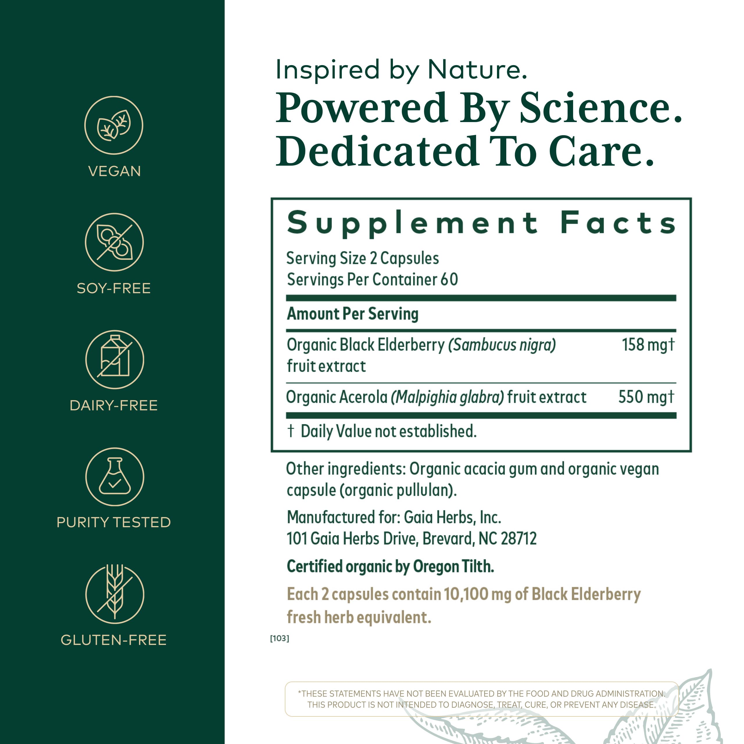 Gaia Herbs PRO label close-up showing organic elderberry ingredients for immune wellness.
