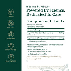 Gaia Herbs PRO label close-up showing organic elderberry ingredients for immune wellness.