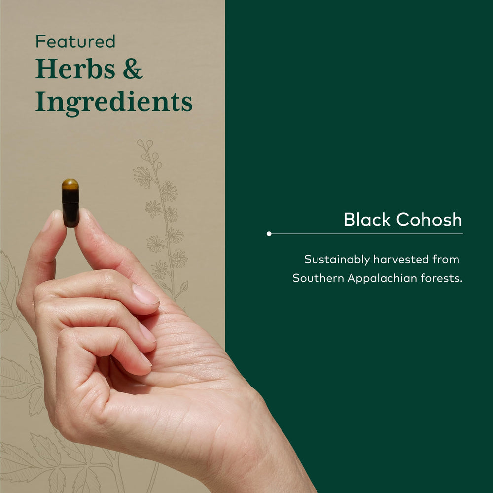 GAIA HERBS PRO capsules closeup suggests easy daily use for hormonal balance.