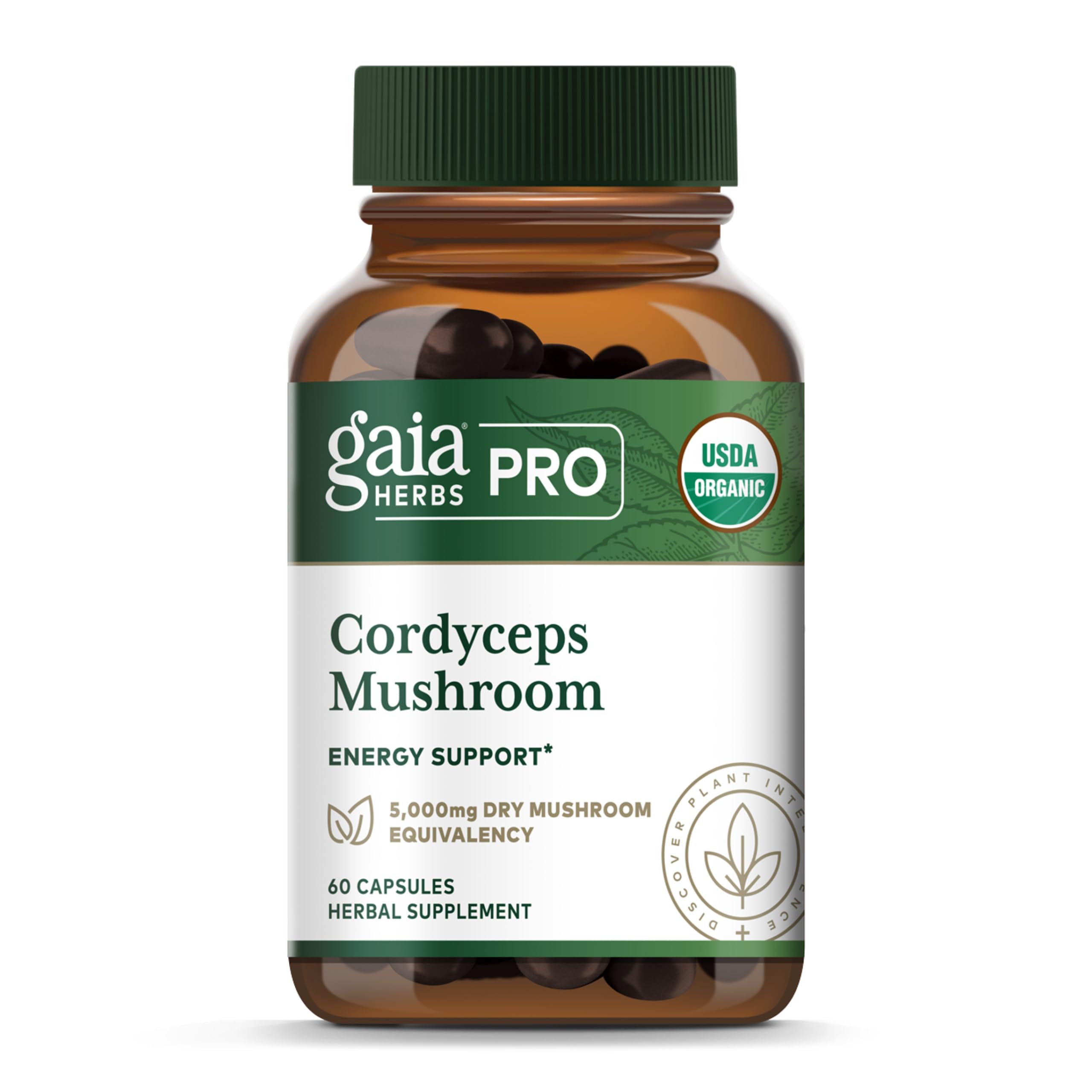 Gaia Herbs Pro Cordyceps bottle front with capsules for energy support