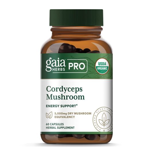 Gaia Herbs Pro Cordyceps bottle front with capsules for energy support