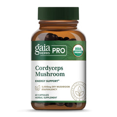 Gaia Herbs Pro Cordyceps bottle front with capsules for energy support