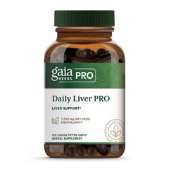 Gaia Herbs PRO Daily Liver Pro bottle on a clean shelf highlighting vegan, organic liver support
