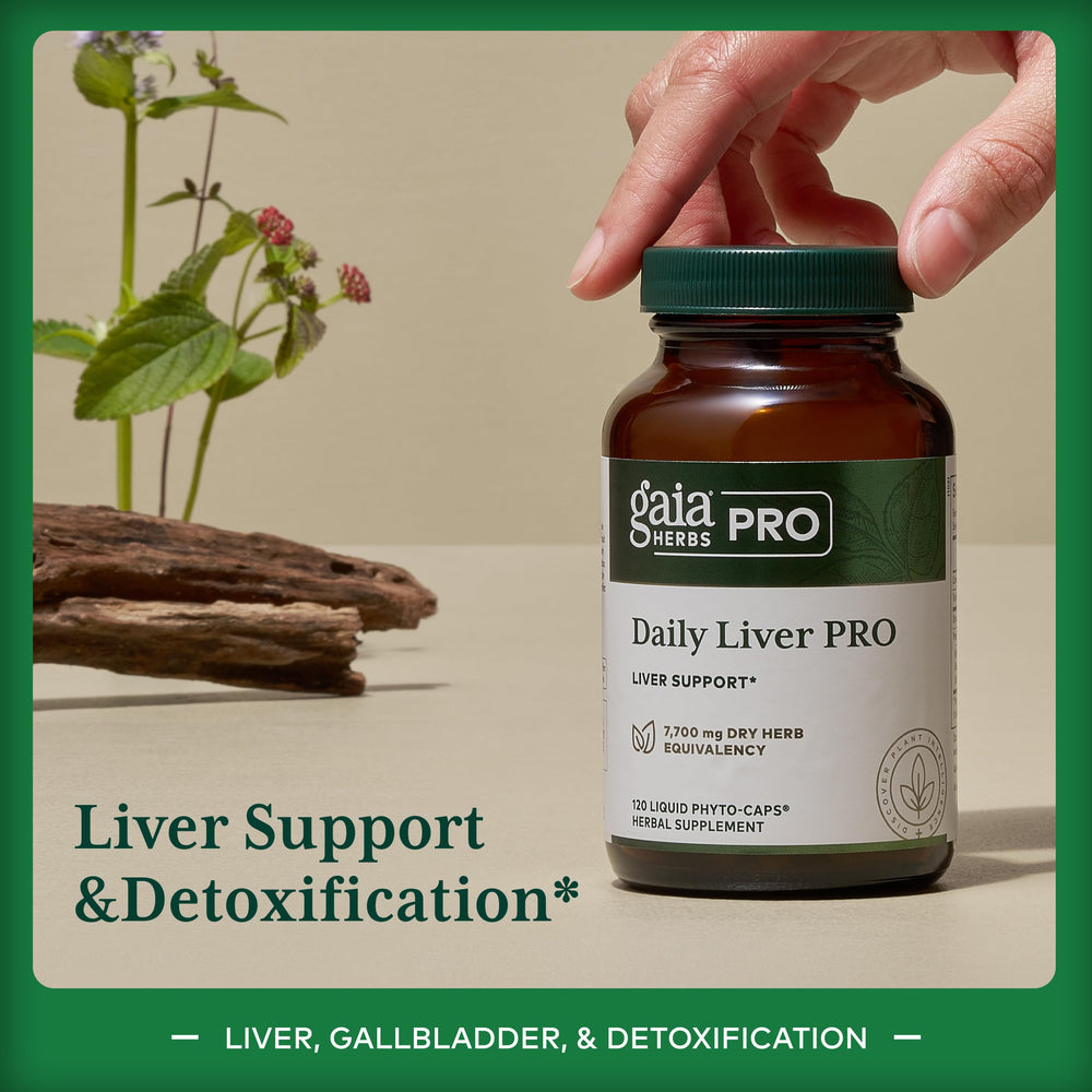 Gaia Herbs PRO Daily Liver Pro label front emphasizing organic, vegan, gluten-free features
