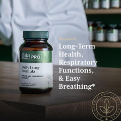 Gaia Herbs PRO herbal leaves illustration near bottle highlights mullein and marshmallow.