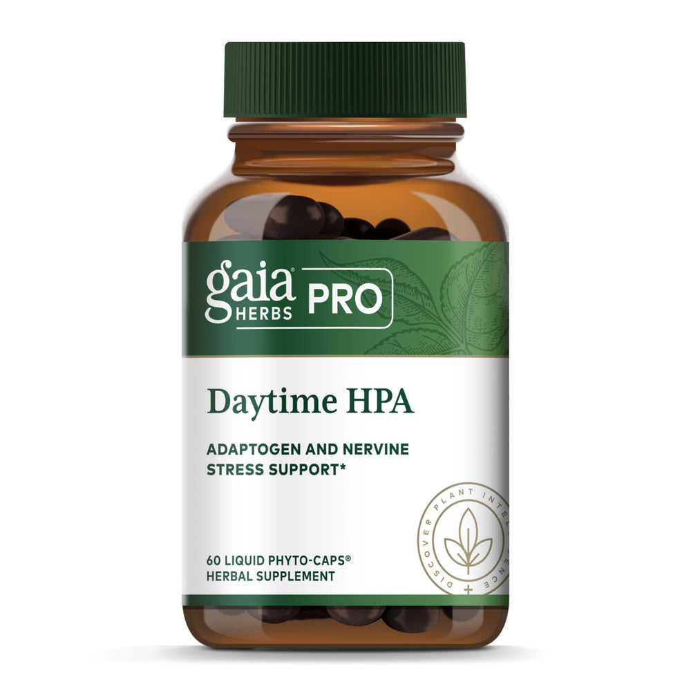 Gaia Herbs PRO Daytime HPA bottle pour showing convenient adaptogen support for daytime energy
