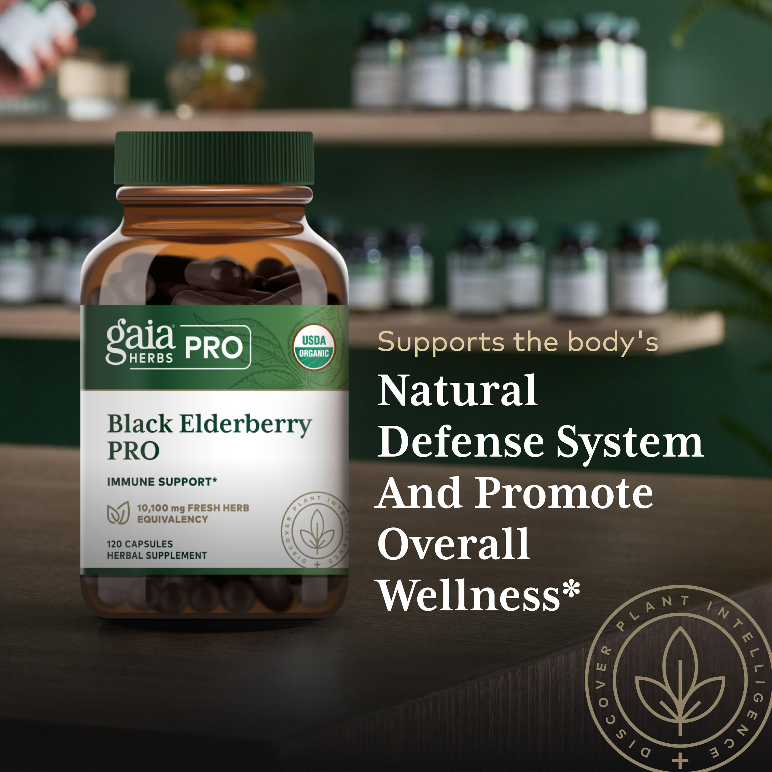 Organic elderberry fruit extract concentration highlighted on Gaia Herbs PRO.