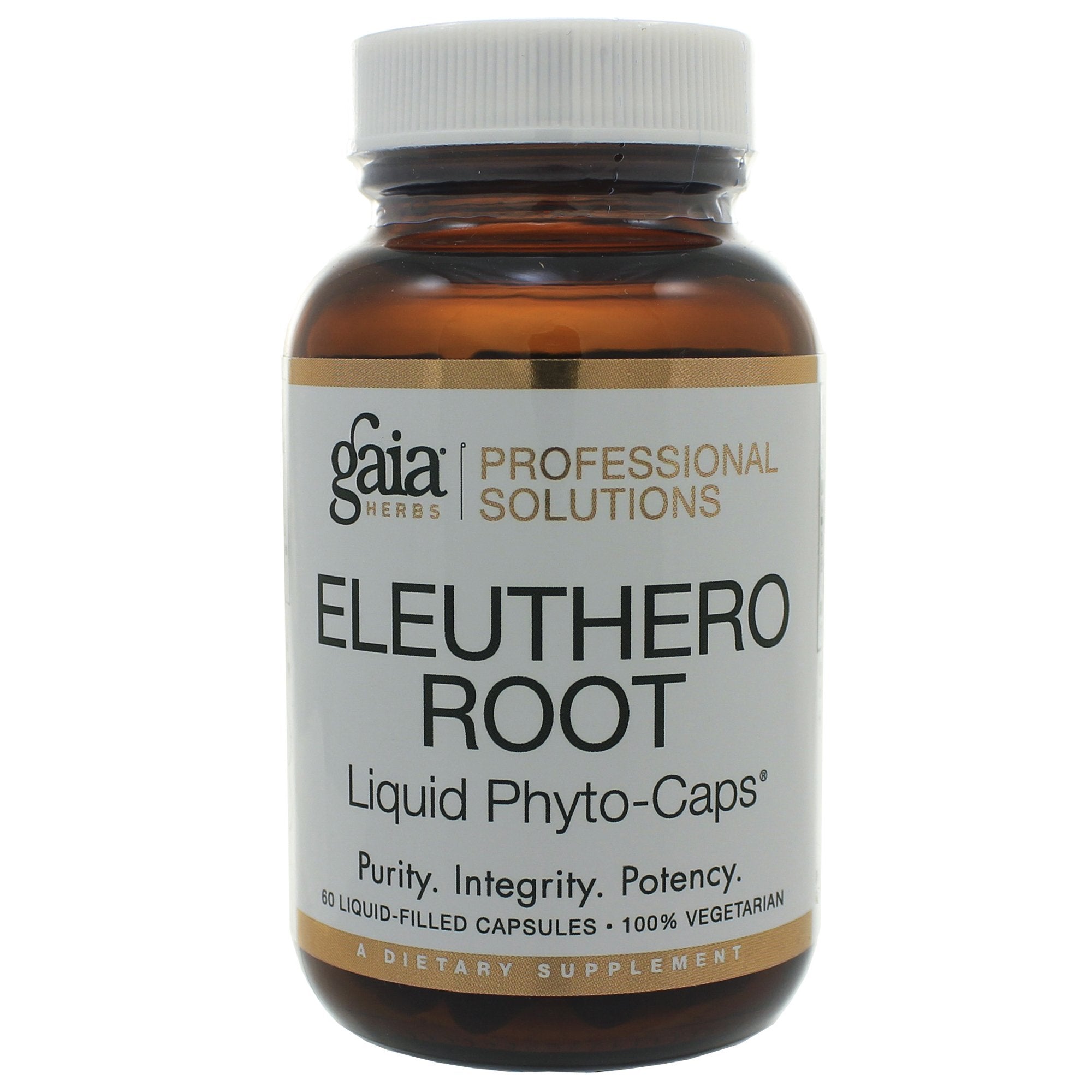GAIA Herbs PRO Eleuthero capsules closeup highlighting vegan formula for stress resilience.